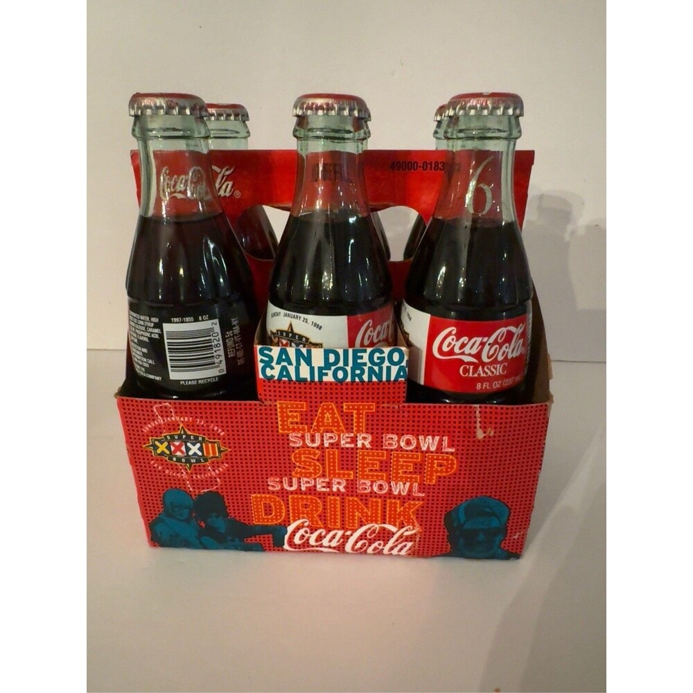 1998 Coca Cola Super Bowl XXXII San Diego Collectible 6 Pack Bottles And Carrier
